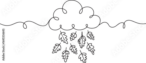 Continuous single one line art of a cloud raining leaves instead of water, minimalist autumn seasonal surreal nature illustration

