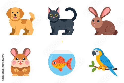 Pet icon set, dog cat rabbit, hamster goldfish parrot, cute animal vector, friendly character design