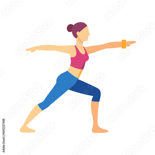 Young woman practicing yoga in warrior pose with bright colors  