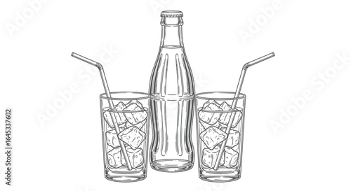 Illustration of soda bottle and glasses with ice and straws art