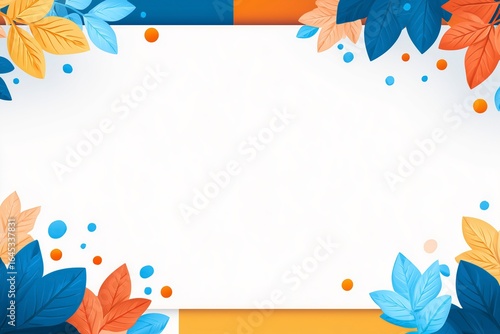 Colorful Leaves Border Illustration, Fresh & Minimalist Background, For Poster/Card/Social Media Design (With Blue, Orange, Yellow Leaves, Geometric Blocks, Blank Space)