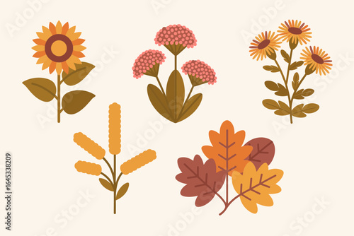 Autumn floral bouquet icon set, fall leaves and wildflower stems vector, rustic garden illustration, seasonal decor clipart, botanical design elements