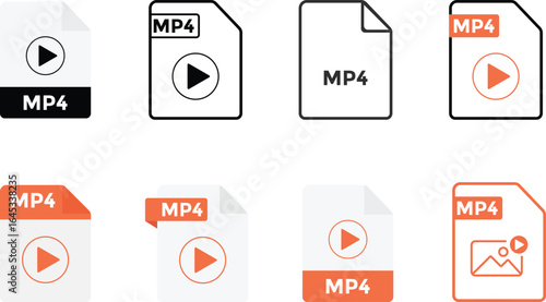 MP4 File format icon set.  multimedia format interface. music archive file extensions. Data Management sign. document extension symbols
