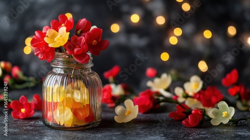 Vibrant flowers in a glass jar