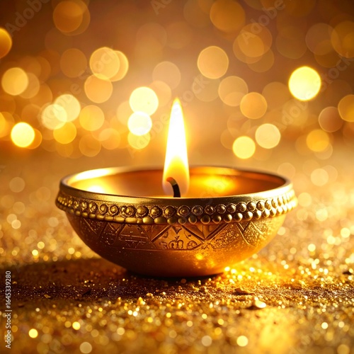 Happy diwali golden oil lamp or diya on shiny golden background