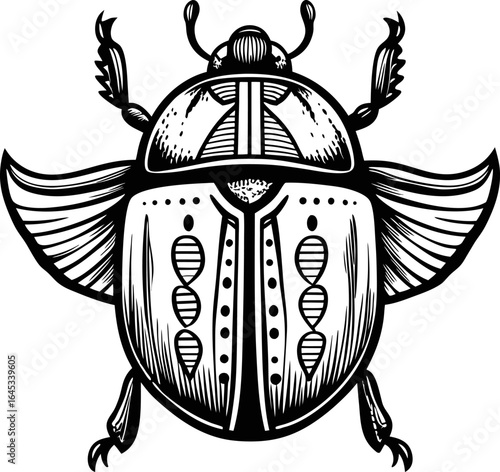 Detailed scarab beetle illustration with open wings, vintage tattoo drawing, black outline insect artwork