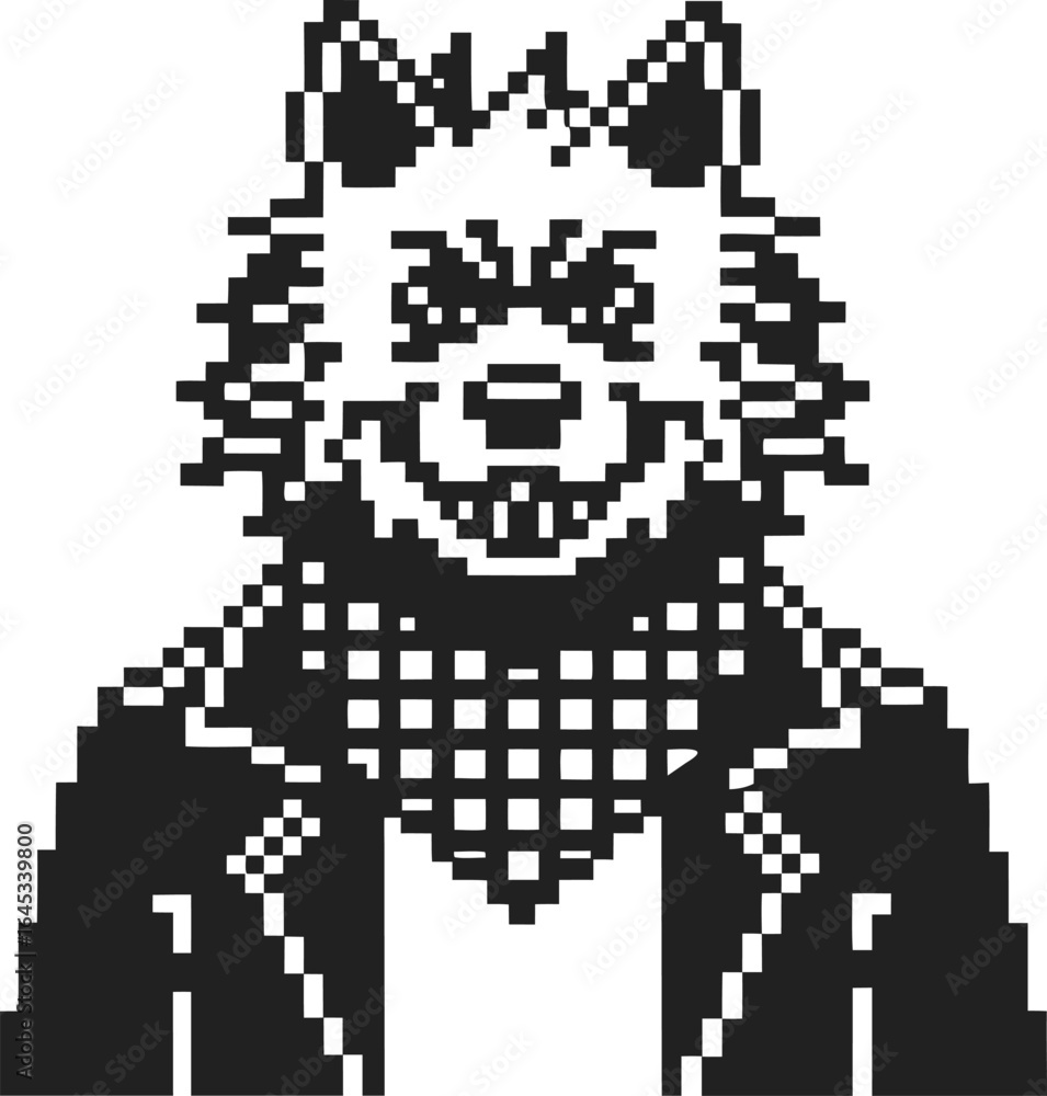 Fototapeta premium pixel art wolf character in checkered scarf and jacket retro 8 bit animal with fierce expression, vintage digital illustration