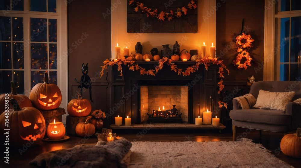 Obraz premium Entryway decorated for Halloween with pumpkins, spooky props, garland, rustic wooden door, and autumn leaves.
