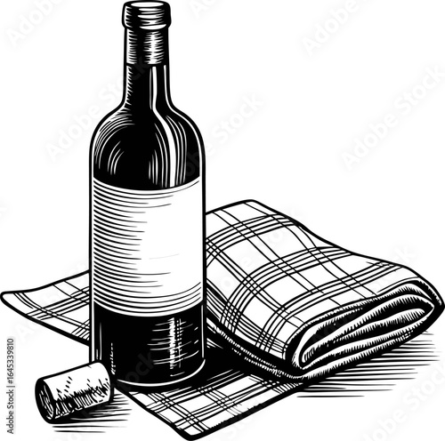 Wine bottle with cork on checkered cloth, elegant picnic or dining table setting, vintage detailed black and white illustration