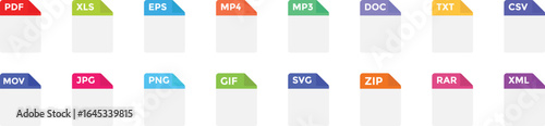 file format icons set. Set of pdf, doc, mp3, mp4, eps, png, html, txtweb format information. File symbols collection. multimedia data symbols. File types with document extension
