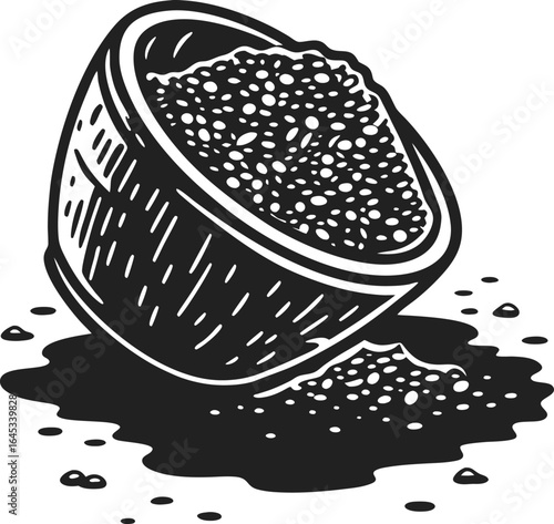 rustic bowl of coarse salt spills on surface vintage engraving black and white illustration of granular seasoning