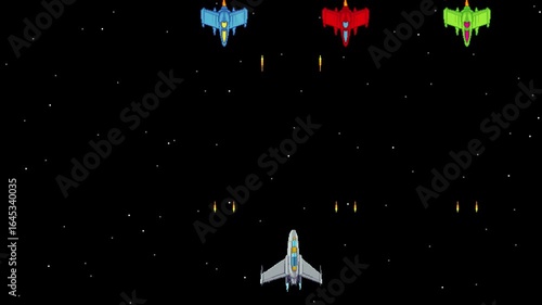 Pixel art looped animation of a top down space battle with player spaceship, enemy ships, laser shooting, explosions and moving starfield background. Retro arcade, video game concept.