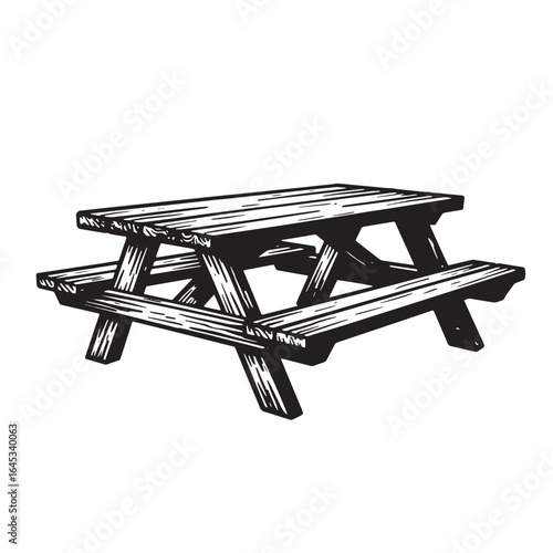 Black and white illustration of a classic wooden picnic table for outdoor dining