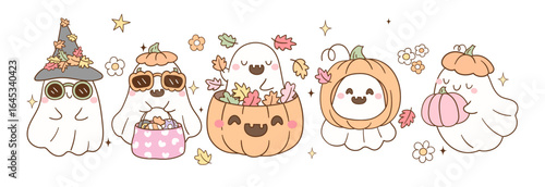Draw vector illustration banner funny ghost spooky fall Autumn season Halloween Doodle cartoon style