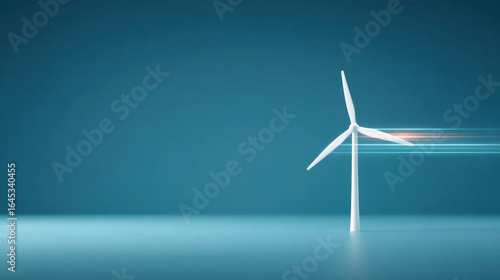 Wind turbine renewable energy clean power blue background modern technology sustainable electricity minimal motion environment. single wind turbine stands smooth blue surface symbolizing clean