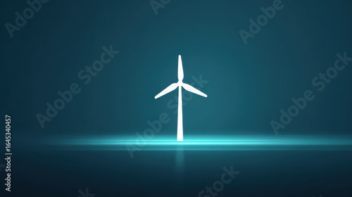 Wind turbine renewable energy clean power glowing blue background minimal futuristic eco friendly sustainability technology. glowing wind turbine stands blue background symbolizing clean energy