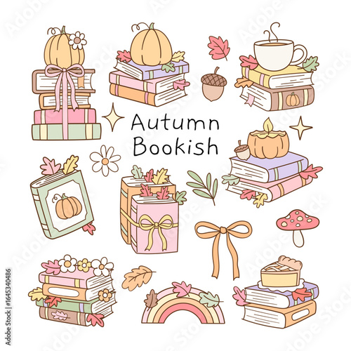 Draw vector illustration collection autumn bookish Cozy fall readers books Doodle cartoon style