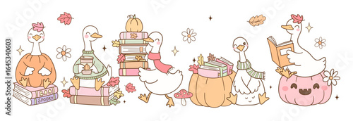 Draw vector illustration fall silly goose reading Autumn bookish Trendy animal Doodle cartoon style