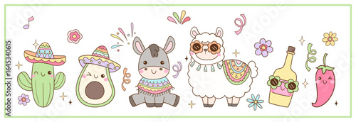 Draw vector illustration mexican party Cute Sombrero Taco Guitar Cactus Pinata Doodle cartoon style