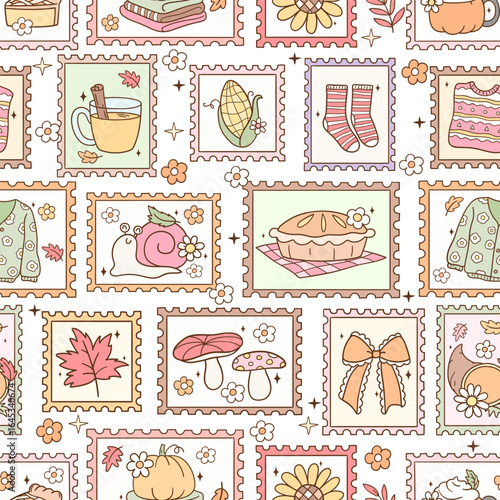 Fall postage stamp seamless pattern Autumn season printable fabric Digital paper