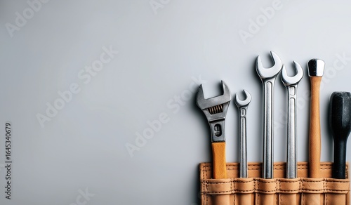 Wallpaper Mural Minimalist leather tool belt with screwdriver and wrenches on grey background, showcasing DIY workspace essentials in a clean layout with copy space Torontodigital.ca