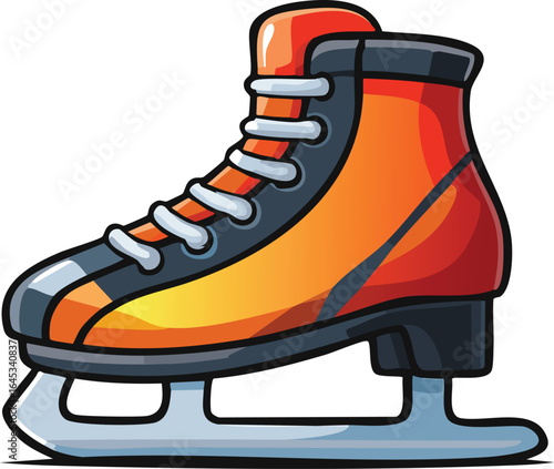 A vibrant cartoon illustration of a single orange and black ice skate, ready for winter fun.