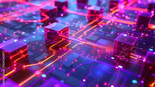 Fototapeta Naklejka Na Ścianę i Meble -  Vibrant purple data paths slicing through red-blue logic cubes and glowing structures on a flat tech surface .
