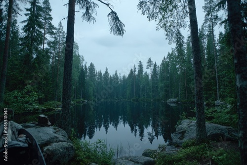 Misty forest lake scene