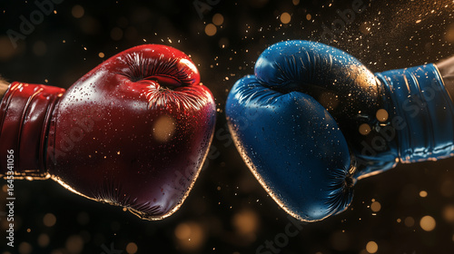 Red and blue boxing gloves facing each other in the ring, with a dark background accented by bokeh-style lighting.