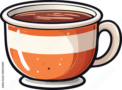 A cheerful, cartoon-style mug filled with dark brown coffee.