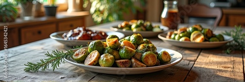 Rustic dining: fresh brussels sprouts and roast on wooden table with sunlit backdrop