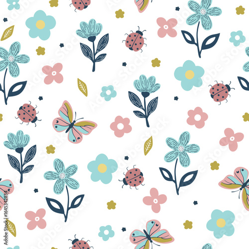 Seamless floral pattern with flowers, butterflies, and ladybugs. Pink colors