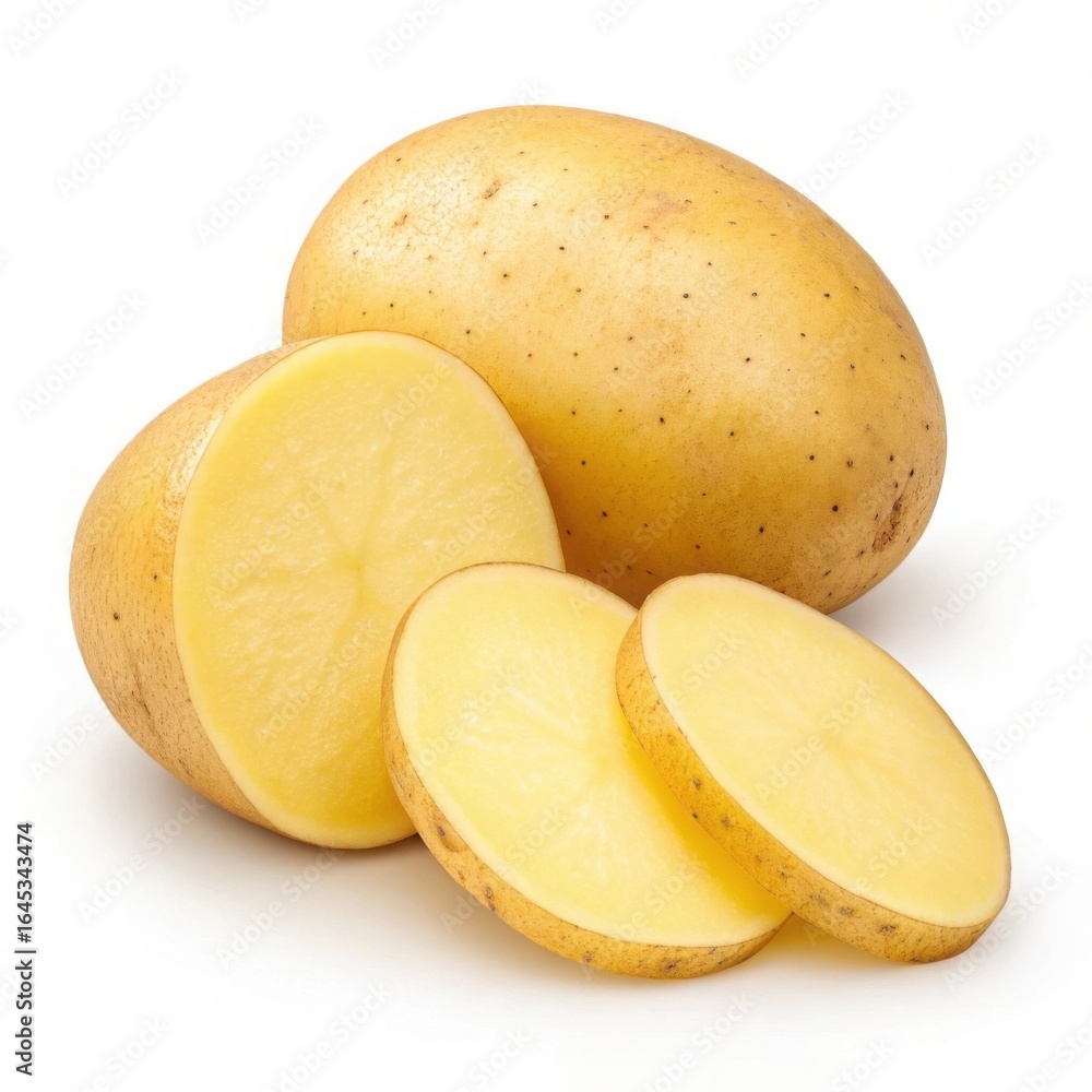 Group of potatoes, one cut in half, isolated on white background Group of potatoes, one cut in half, isolated on white background