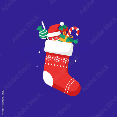 Flat 2D illustration of a festive Christmas stocking hanging, with candy and gifts peeking out.