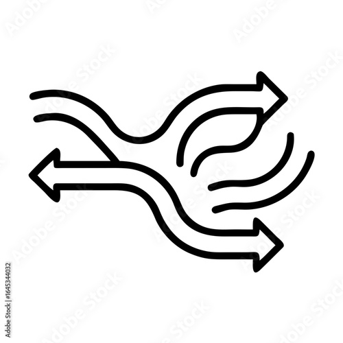 Illustration of a diverging and converging arrow flow with three paths in black outline on white background