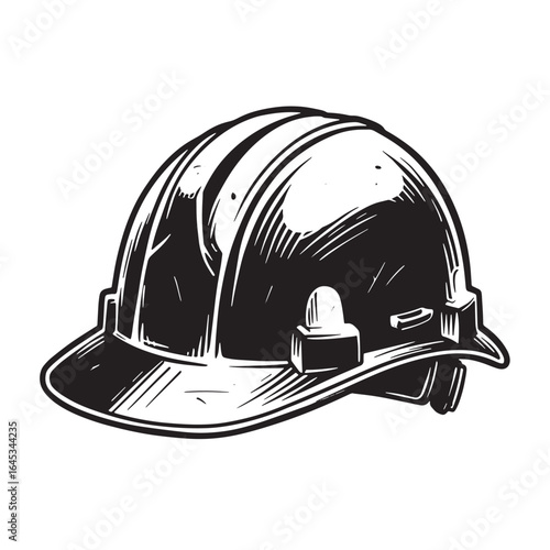 Detailed black and white illustration of a construction safety hard hat