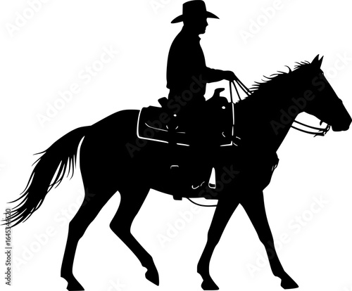 a silhouette of a cowboy on a horse, side view, wearing a hat, black, white background