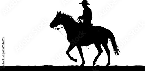 a silhouette of a cowboy on a horse, side view, wearing a hat, black, white background
