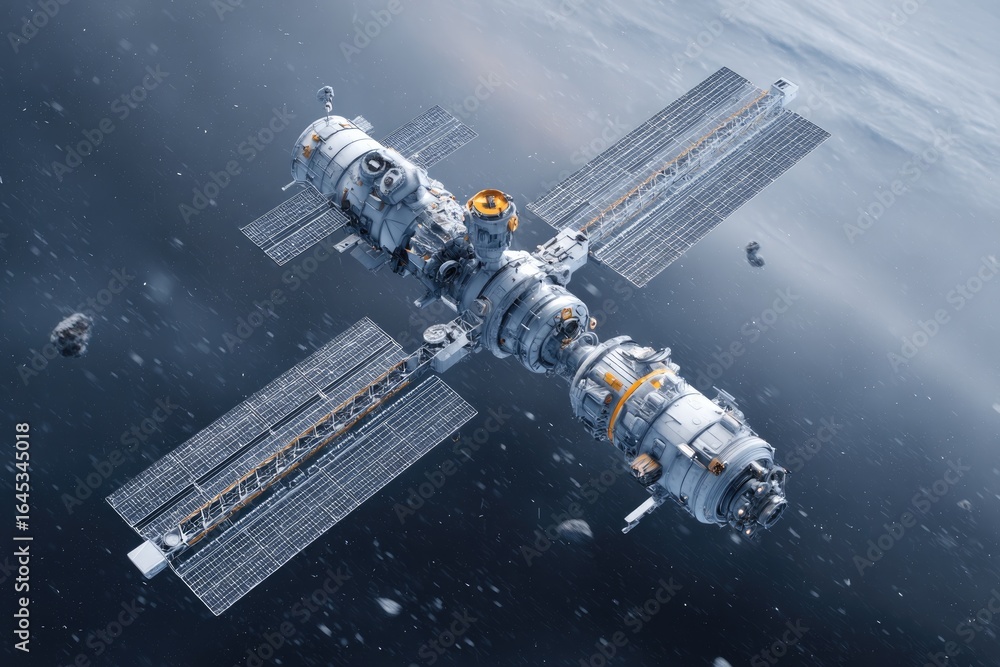 Fototapeta premium Orbiting structure showcases advanced technology, surrounded by