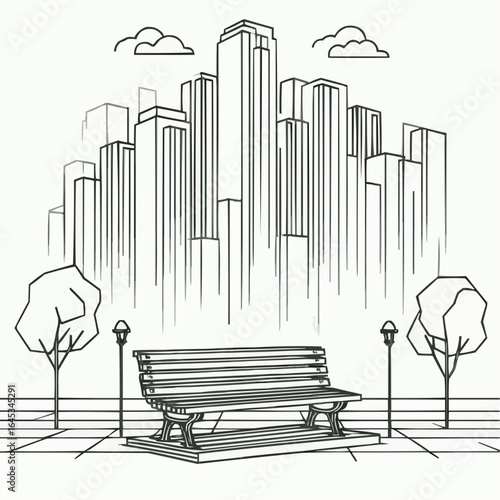 Empty park bench in front of a city skyline, creating a serene atmosphere in an urban environment
