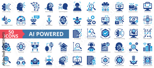 Ai powered icon set flat style collection. Containing machine learning, deep learning, neural network, natural language, speech recognition, image recognition