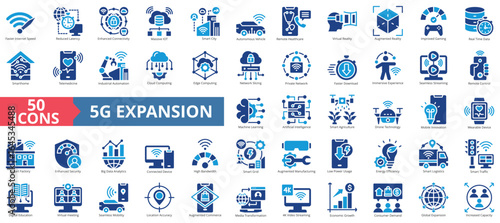 5G expansion icon set flat style collection. Containing faster internet speed, reduced latency, enhanced connectivity, smart city, autonomous vehicle