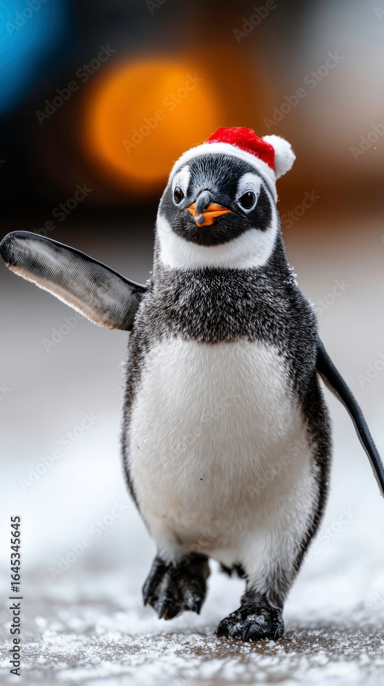 Fototapeta premium Smiling Penguin Wearing Santa Hat on Snowy Ground