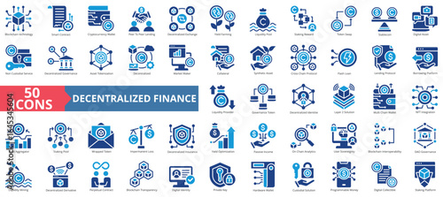 Decentralized finance icon set flat style collection. Containing blockchain technology, smart contract, cryptocurrency wallet, peer to peer lending, yield farming