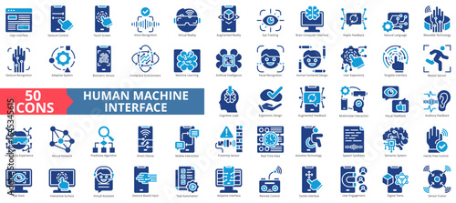Human machine interface icon set flat style collection. Containing user interface, gesture control, touch screen, voice recognition, virtual reality, augmented reality