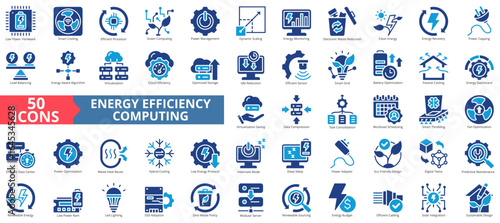 Energy efficiency computing icon set flat style collection. Containing low power hardware, smart cooling, efficient processor, green computing, power management