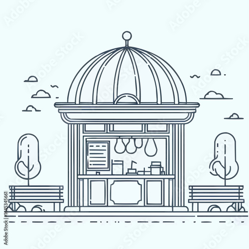 Charming kiosk with a dome roof, offering refreshments, surrounded by trees and benches in a tranquil park setting
