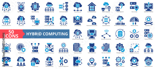 Hybrid computing icon set flat style collection. Containing data processing, workload balancing, distributed system, cloud resource, hybrid integration, remote server