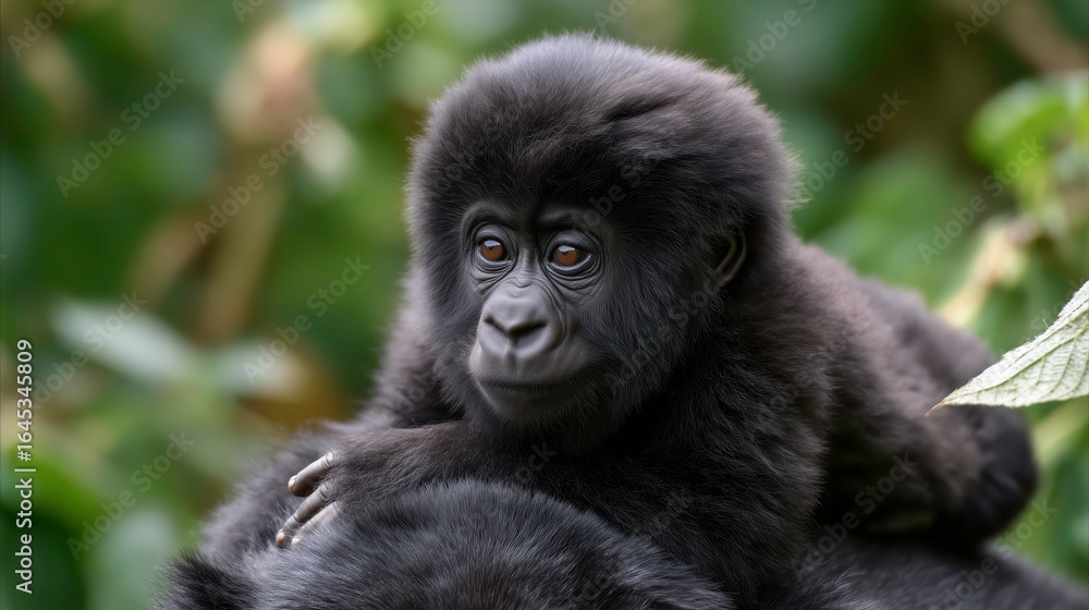 Obraz premium Baby Mountain Gorilla Sitting on Mother’s Back in Green Forest Habitat