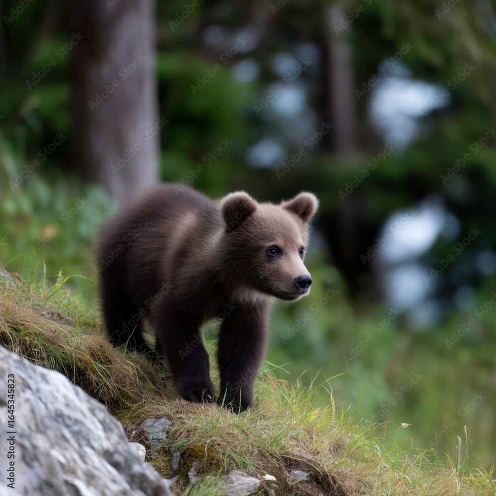 Fototapeta premium Baby Brown Bear Exploring Forest Edge for the First Time